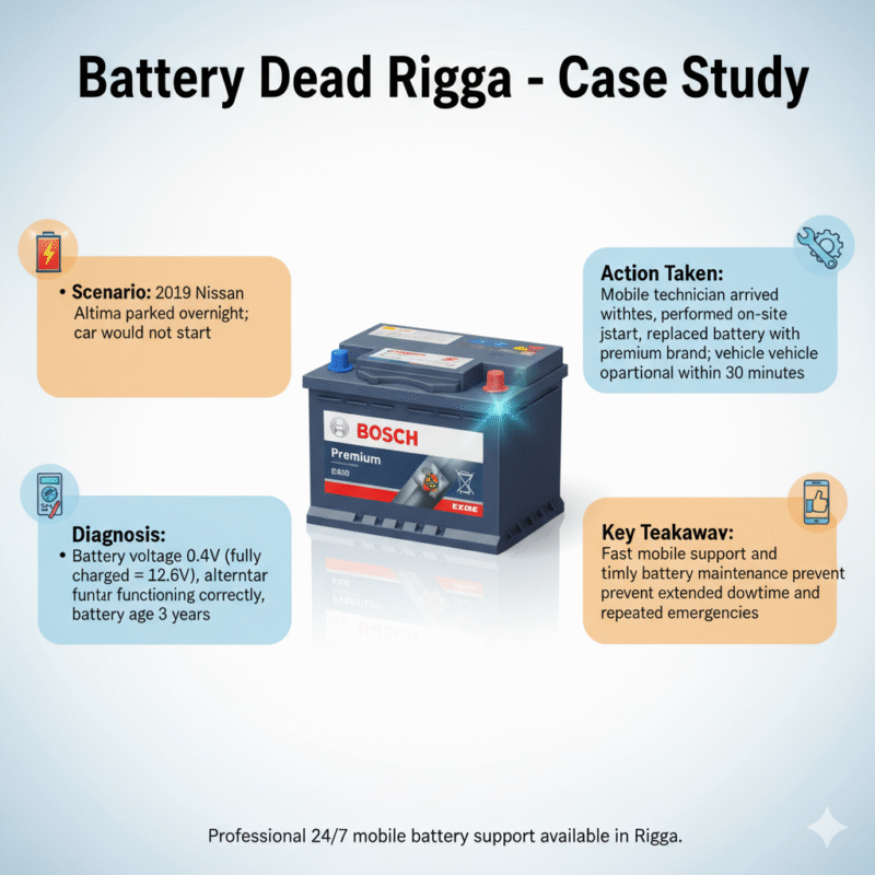 "Battery Dead Rigga case study infographic showing title on top, scenario, diagnosis, action taken, and key takeaway on sides, with premium battery in the center and animated infographic style."