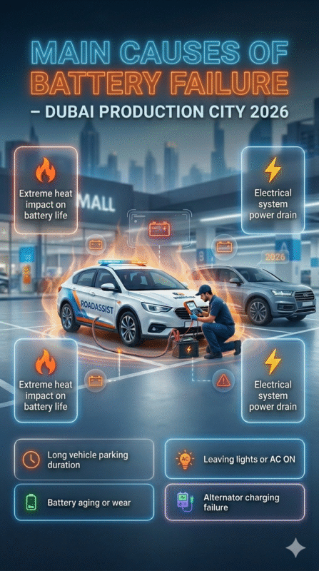 Infographic showing main causes of car battery failure in Dubai Production City including heat, long parking, battery aging, electrical drain, lights left on, and alternator failure.