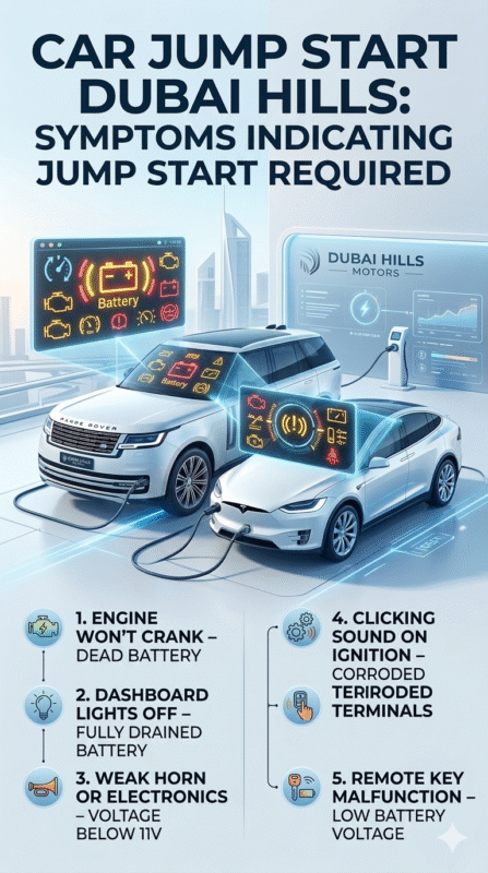 "User guide image showing a luxury car in Dubai Hills needing a jump start with title at top and animated infographic style bullet points of key symptoms on the sides."