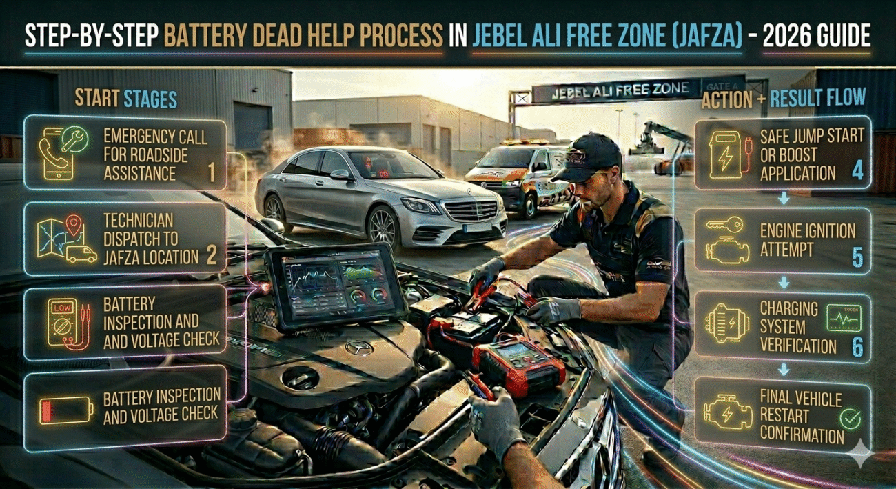 Cinematic infographic showing step-by-step battery dead help process in JAFZA with mobile mechanic, jump start procedure, diagnostic check, and vehicle restart stages.
