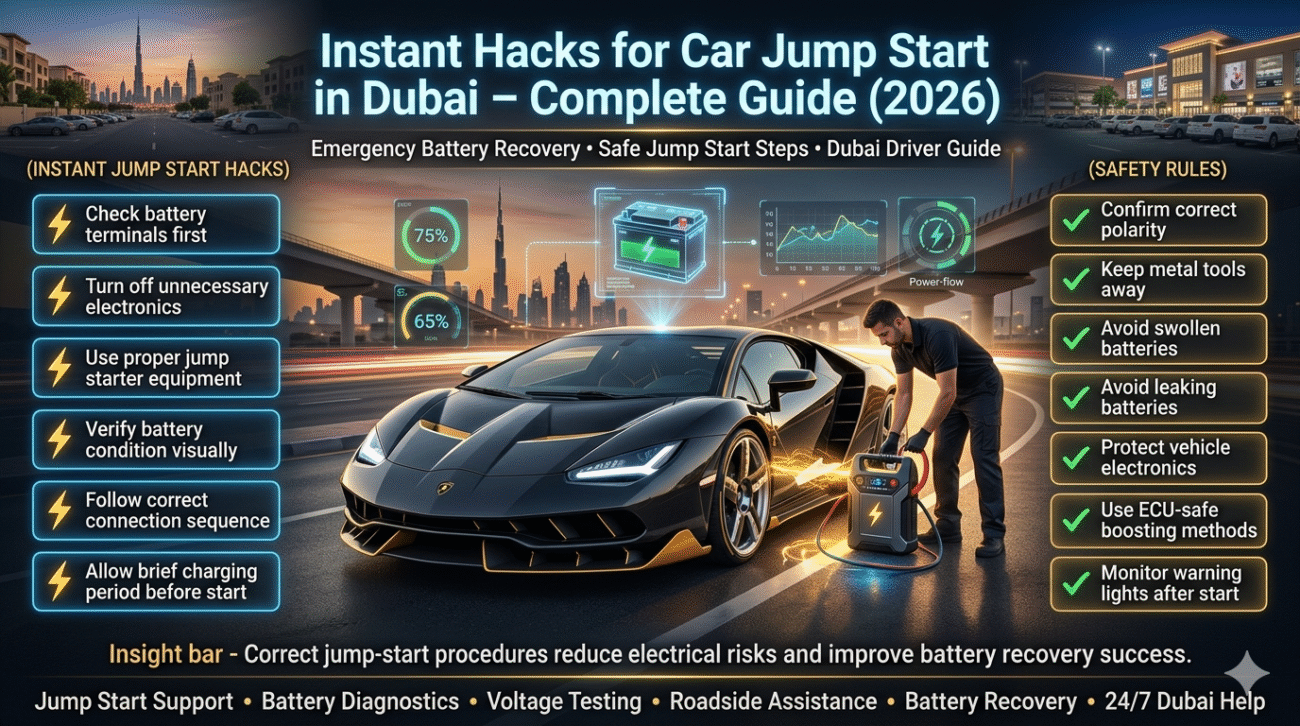 Premium Dubai automotive infographic showing a luxury vehicle receiving a jump start, battery diagnostics, roadside battery recovery equipment, and safe emergency jump-start procedures.Instant Hacks for Car Jump Start in Dubai – Complete Guide (2026)