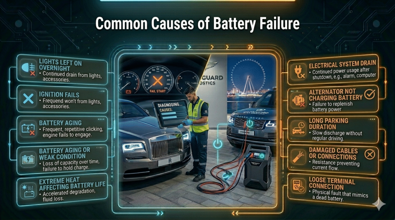 Infographic showing common causes of car battery failure with a central car image and causes listed on both sides.