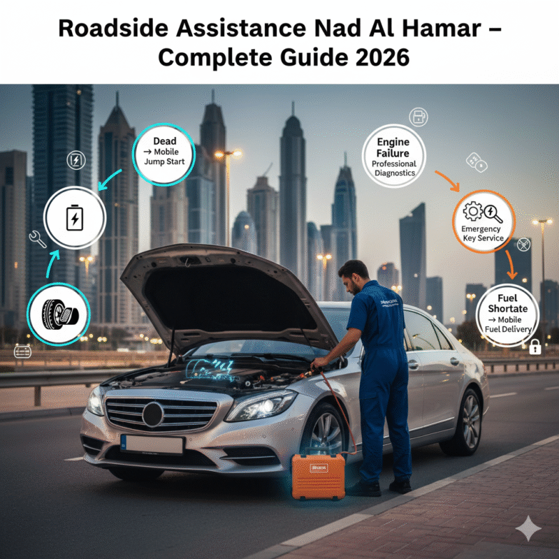 Roadside assistance in Nad Al Hamar showing mobile technician jump starting a car battery with emergency support icons.