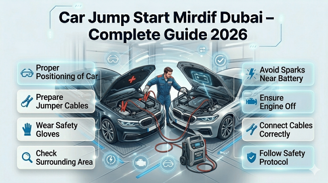 Roadside technician connecting positive and negative jumper cables safely to a car battery in Mirdif Dubai with infographic-style side points.