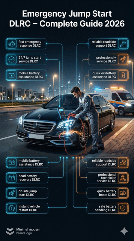 Mobile mechanic performing emergency car battery jump start in Dubai Land Residence Complex (DLRC) at night with infographic-style 2026 guide showing roadside assistance features.
