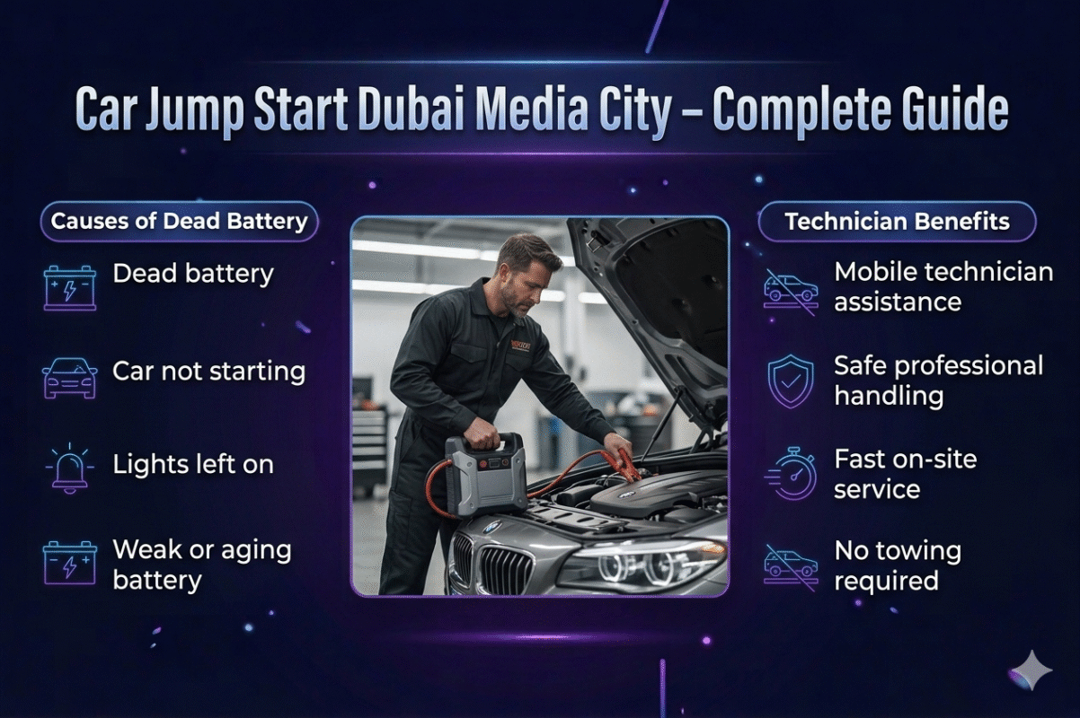 Infographic showing car jump start in Dubai Media City with a central vehicle image and key points about battery issues, mobile assistance, and professional jump start service.