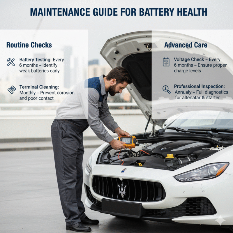“Maintenance guide for car battery health in Hor Al Anz Dubai showing battery testing, terminal cleaning, voltage check, and professional inspection with technician working on a premium car battery in center.”