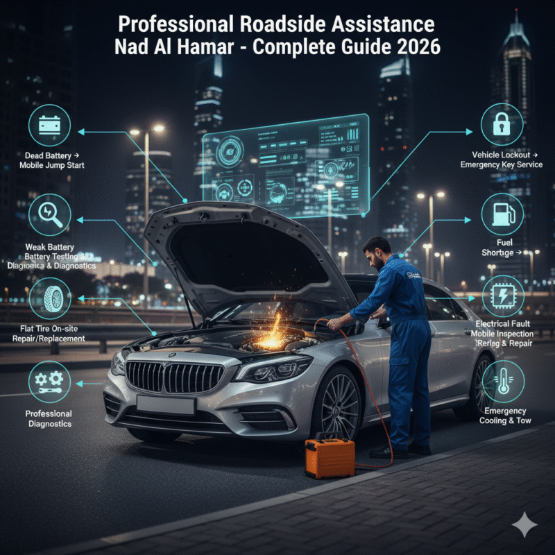 Professional roadside assistance in Nad Al Hamar showing mobile technician jump starting a car battery and performing emergency car repairs.