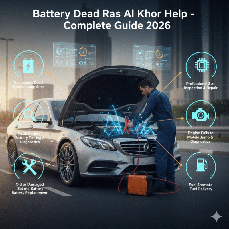 Luxury car in Ras Al Khor receiving professional mobile jump start service, with icons for dead battery, weak battery, old battery, engine failure, and electrical fault.