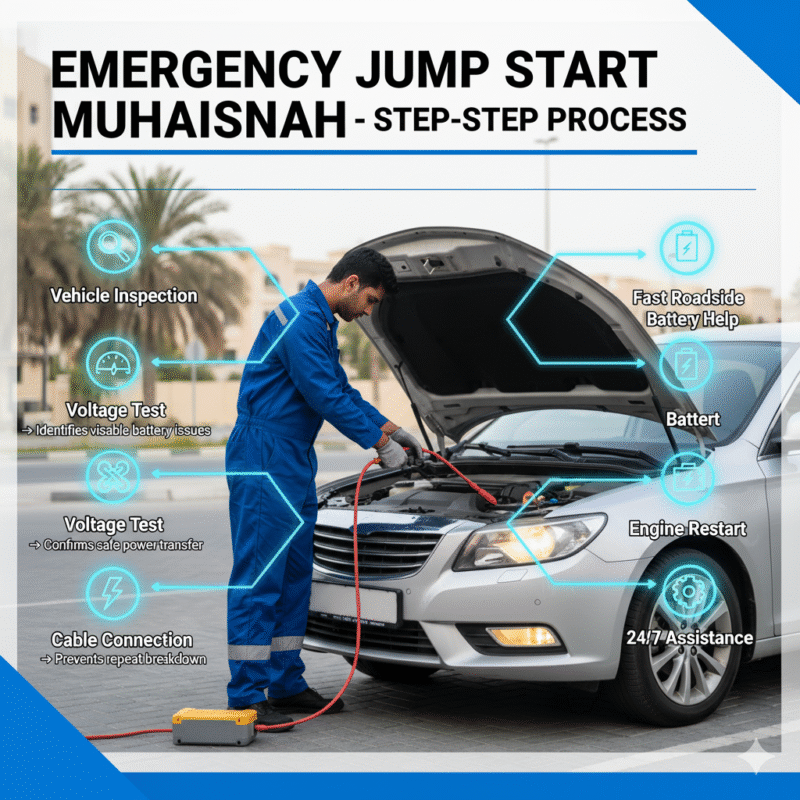 Illustration of professional roadside technician performing an emergency car battery jump start in Muhaisnah with step-by-step process shown on left and right panels as animated infographic points.