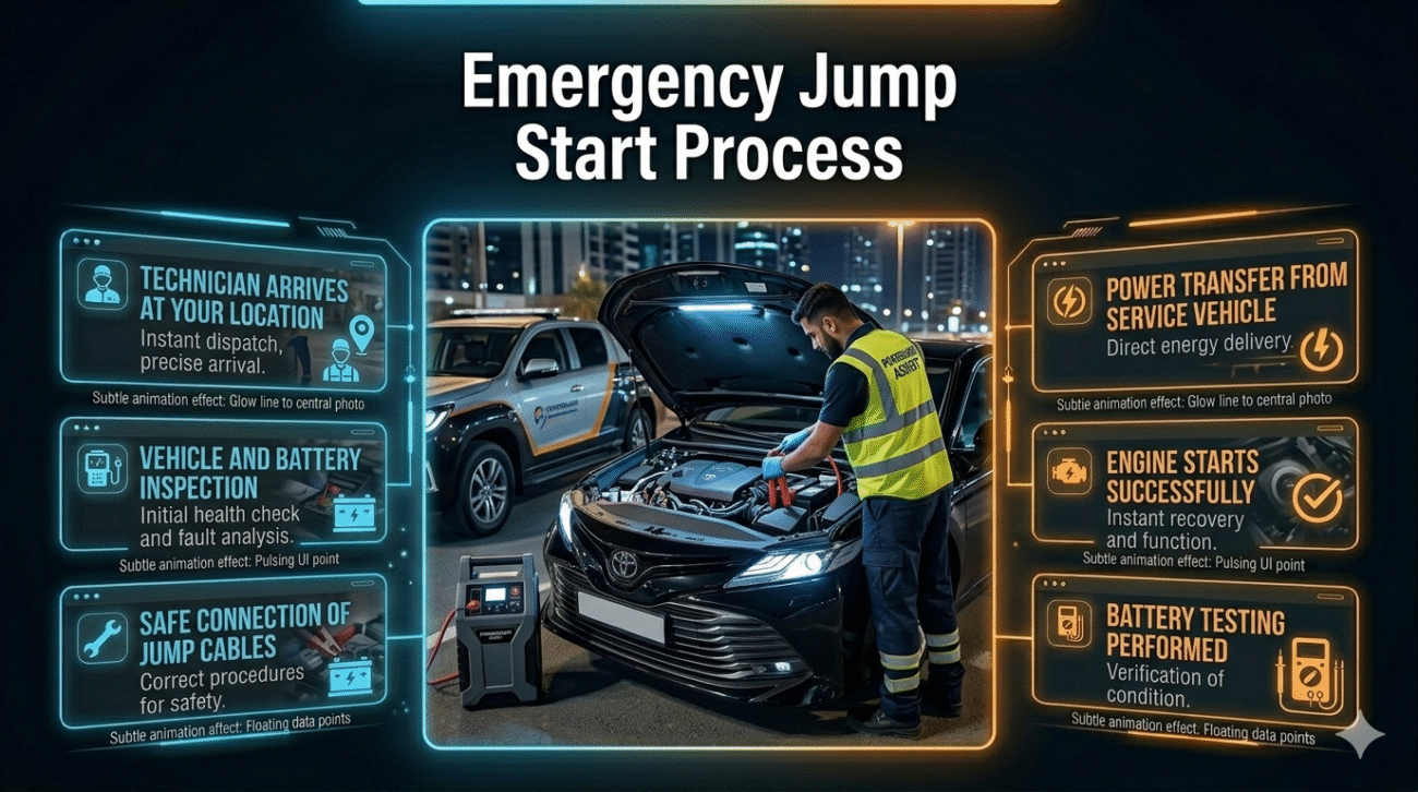 Infographic showing emergency jump start process with a central technician performing battery jump and step-by-step process displayed on both sides.