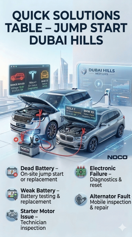 "User guide image showing a luxury SUV in Dubai Hills receiving a jump start, with title at top and animated quick solutions table displayed on sides."