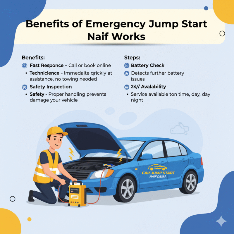 "User guide image showing the benefits of Emergency Jump Start Naif with a technician assisting a car in the center and key benefits displayed on the sides."
