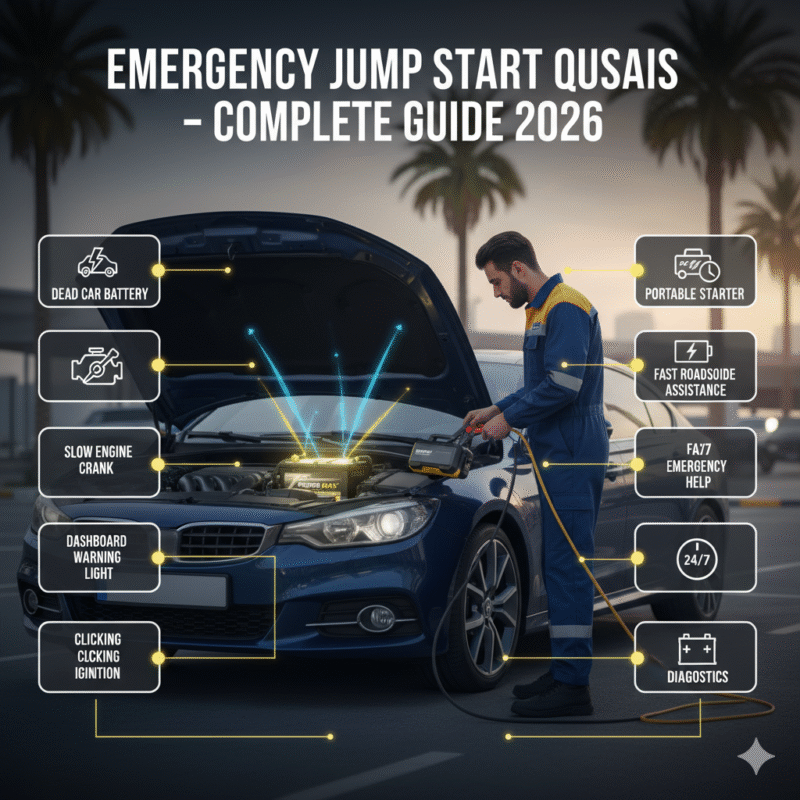 Infographic showing a technician performing an emergency jump start on a car battery in Al Qusais with side points highlighting warning signs and mobile support.
