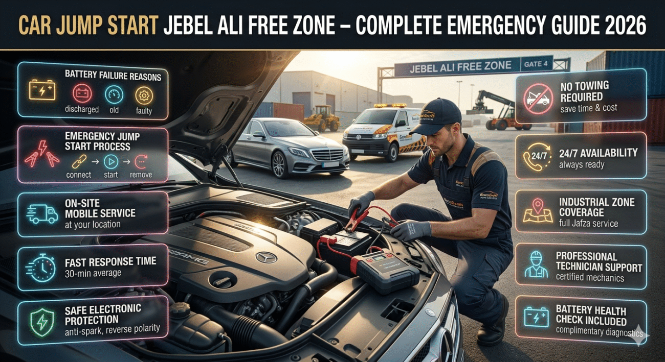 Professional mobile mechanic performing car jump start in Jebel Ali Free Zone with infographic-style guide showing battery emergency steps and roadside assistance service details.