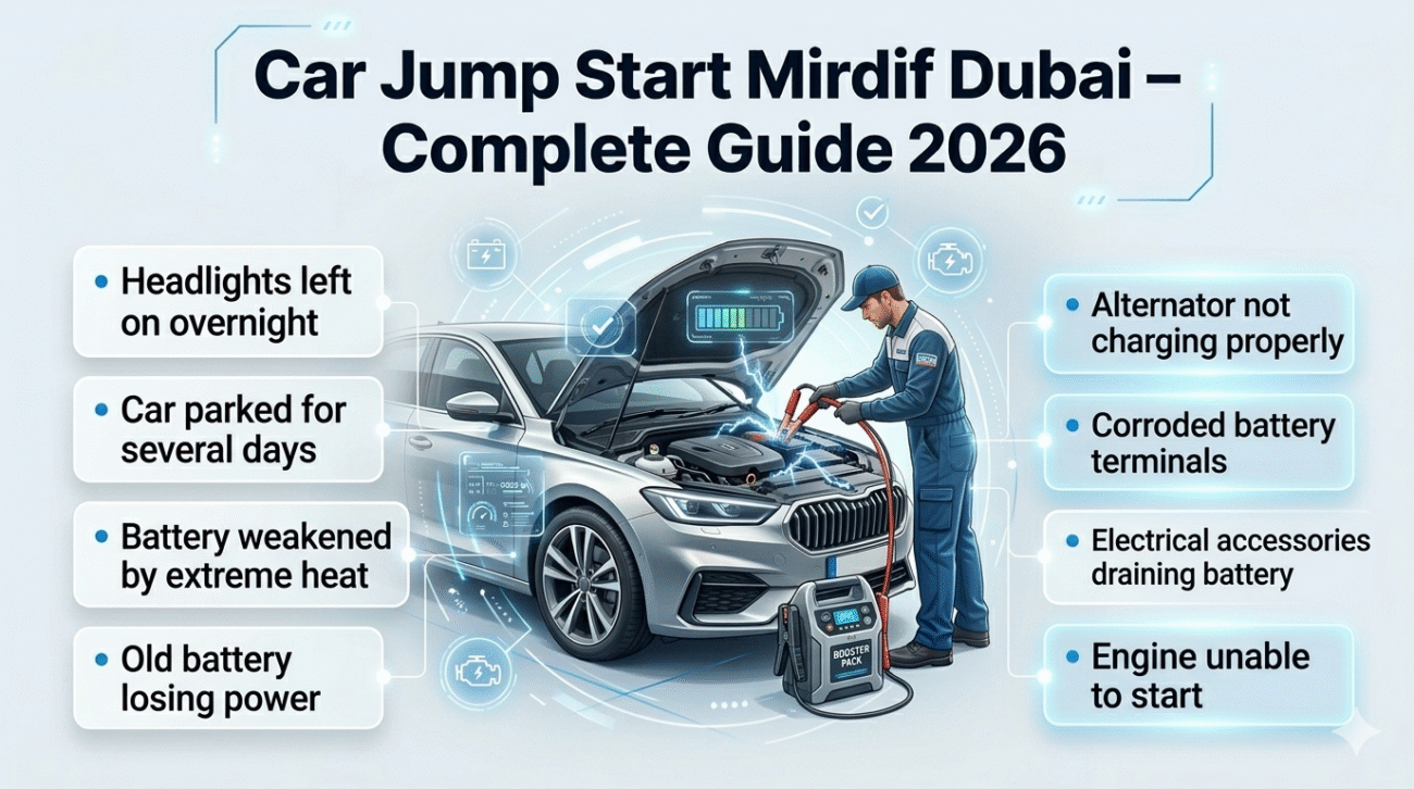 Car jump start Mirdif Dubai complete guide 2026 infographic showing roadside technician jump starting a dead car battery with common battery failure causes.