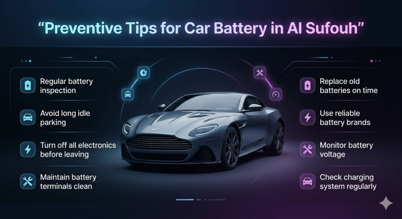 A modern preventive guide image showing car battery maintenance tips in Al Sufouh with a central car image and key tips displayed on both sides.