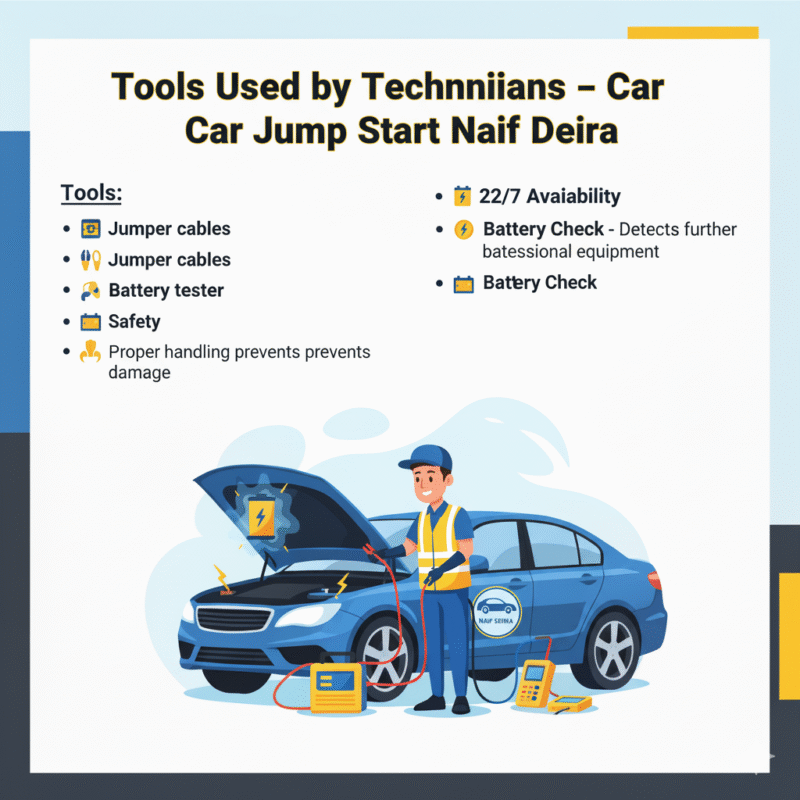 "User guide image showing tools used by technicians for Car Jump Start Naif Deira with a technician using jumper cables, portable starter, battery tester, and safety gloves in the center."