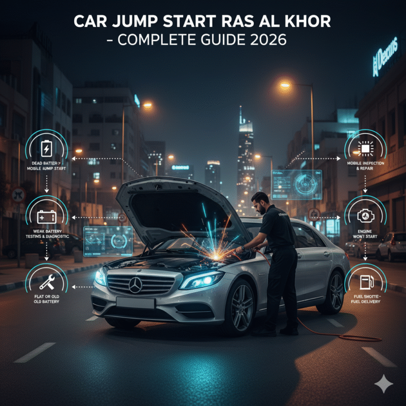 Luxury car in Ras Al Khor receiving professional mobile battery jump start with holographic icons for dead battery, weak battery, engine, electrical fault, and fuel shortage.