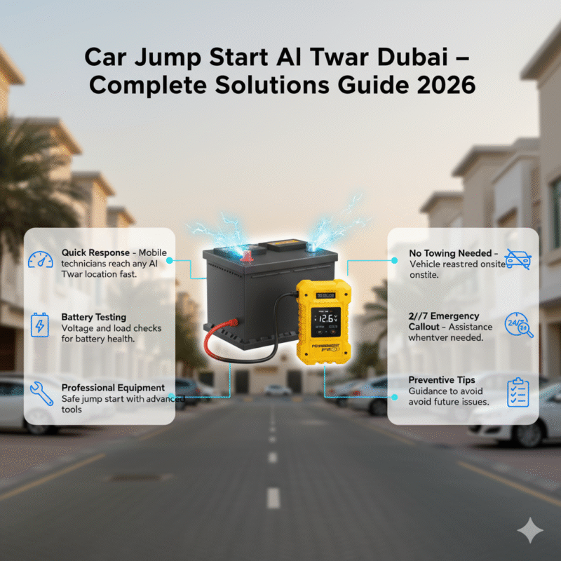 Animated infographic feature image for Battery Dead Al Twar Help, showing a branded car battery and jump starter in the center, key points displayed on left and right sides, with the title on top.