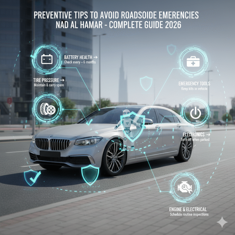 Luxury car in Nad Al Hamar surrounded by preventive tips icons showing battery, tires, tools, electronics, and engine checks to avoid roadside emergencies.
