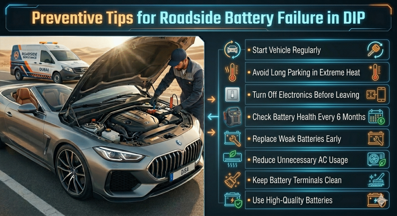 Infographic showing preventive tips for car battery failure in Dubai Investment Park including maintenance and care instructions.