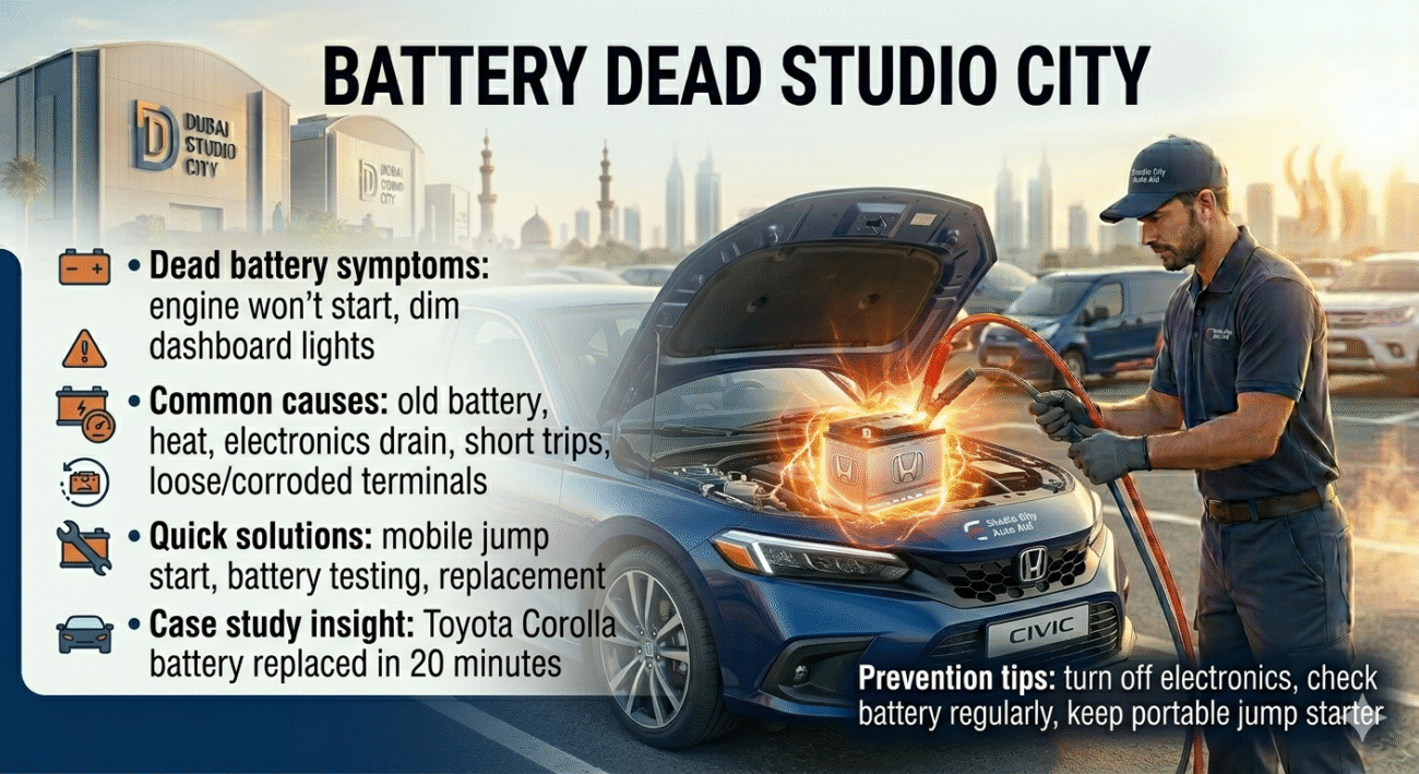 "Battery Dead Studio City guide showing a glowing car battery being jump-started by a technician, with side bullet points for symptoms, causes, solutions, case study, and prevention tips."