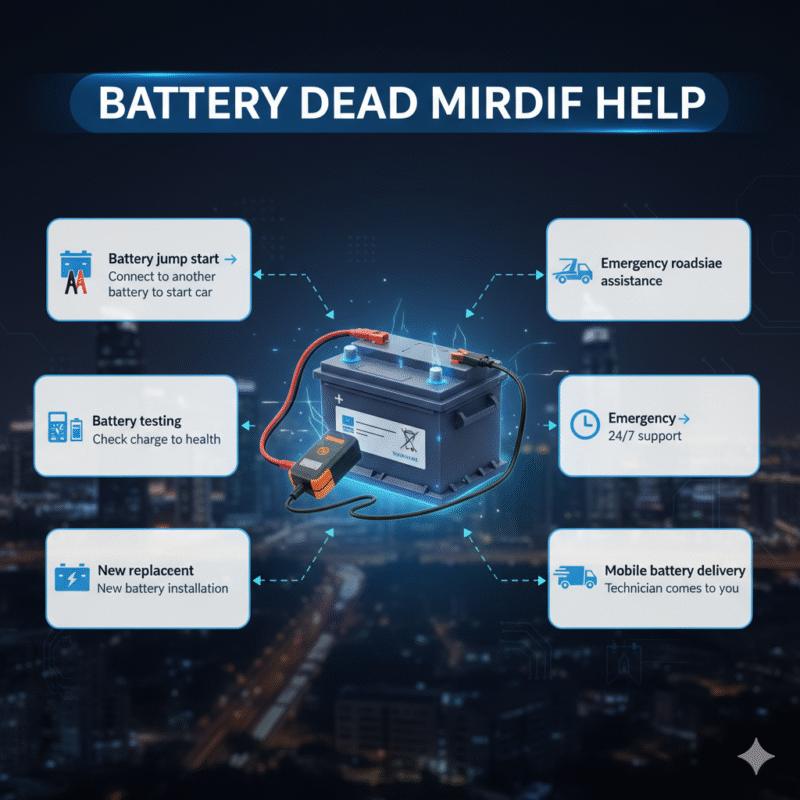 “Animated-style user guide for ‘Battery Dead Mirdif Help’ showing title at top, main services as bullet points on the sides, and a central 3D car battery illustration with animated highlights.”
