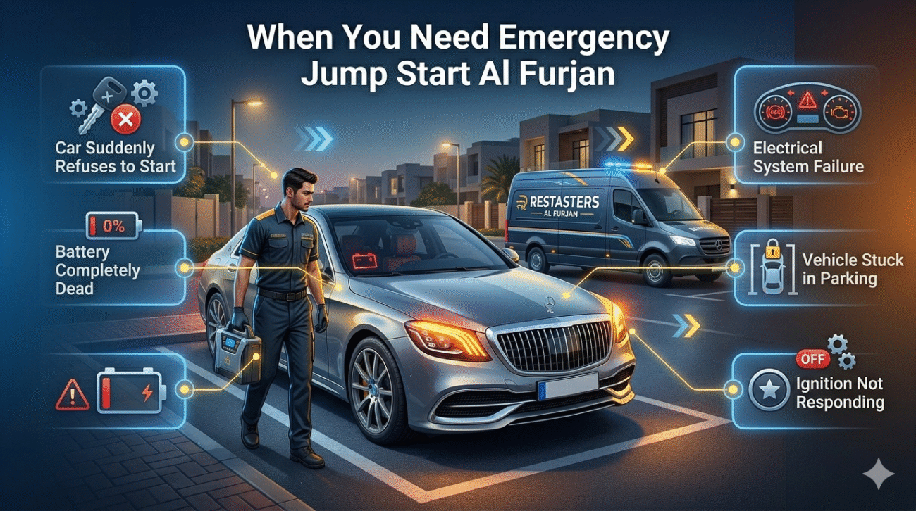 Signs indicating when emergency jump start service is needed in Al Furjan including dead battery and ignition failure