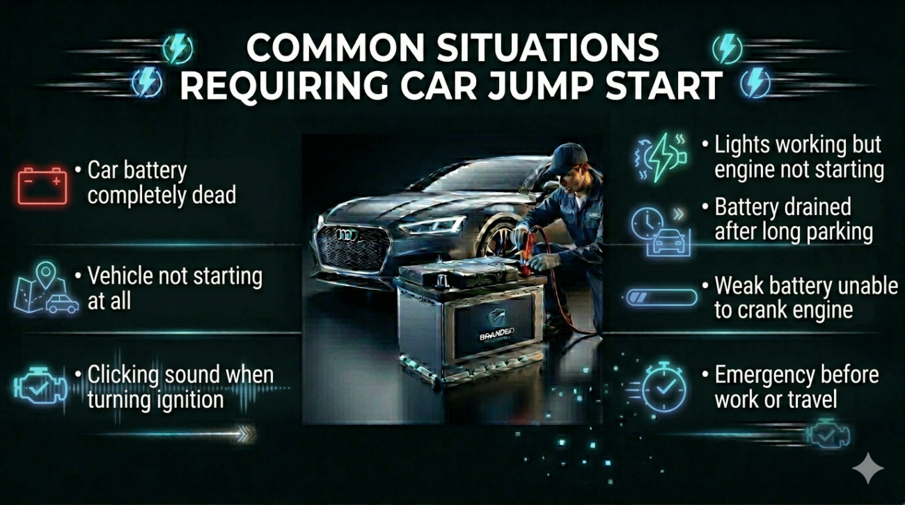 Common situations requiring car jump start including dead battery, engine not starting, and clicking sound shown in a clean infographic with central car image and bullet points.
