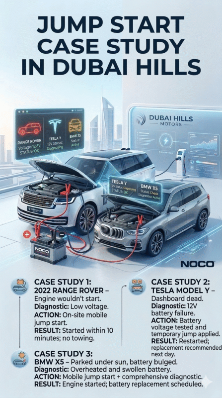 "User guide image showing luxury vehicles in Dubai Hills receiving jump start, with title at top and animated case study points displayed on sides."