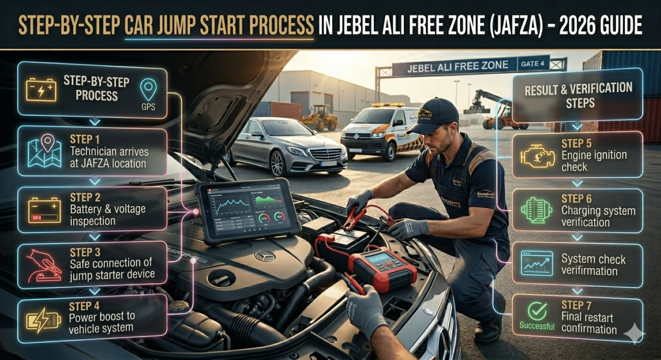 Professional infographic showing step-by-step car jump start process in Jebel Ali Free Zone with mobile mechanic, battery inspection, booster connection, and engine restart stages.