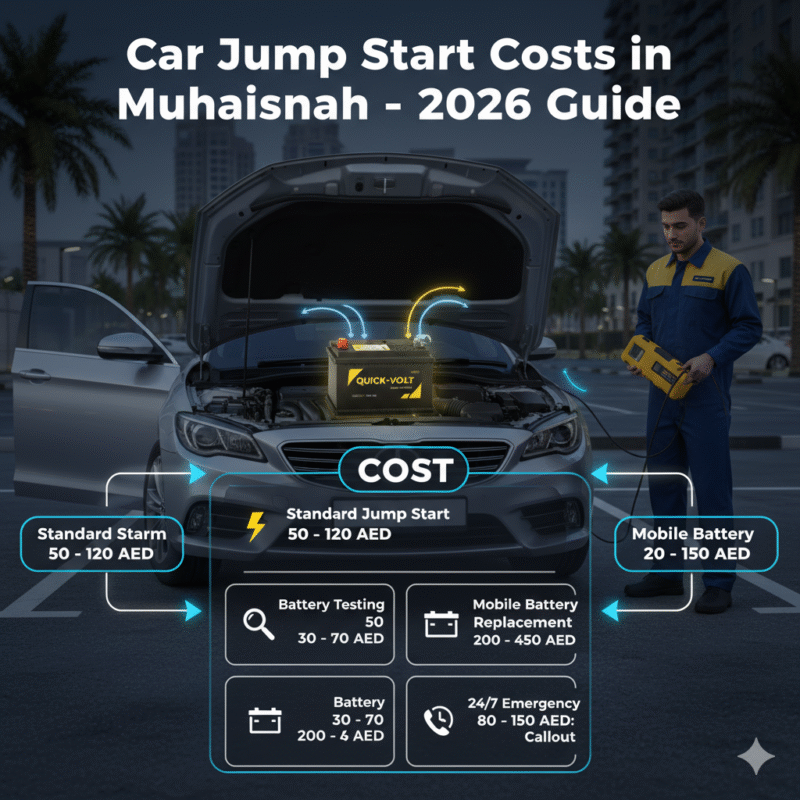 Infographic showing car jump start service costs in Muhaisnah Dubai with a technician, glowing battery, and stylized cost breakdown table on the sides.