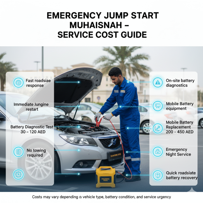 Professional technician performing emergency jump start in Muhaisnah with infographic-style side panels showing service types and approximate costs: Standard Jump Start, Battery Diagnostic Test, Mobile Battery Replacement, Emergency Night Service.