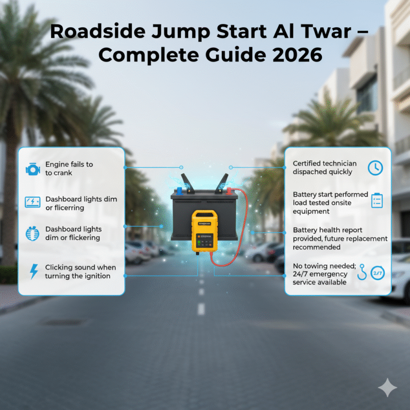 Animated infographic showing a branded car battery and jump starter in the center, key roadside jump start points displayed on left and right sides, title on top.