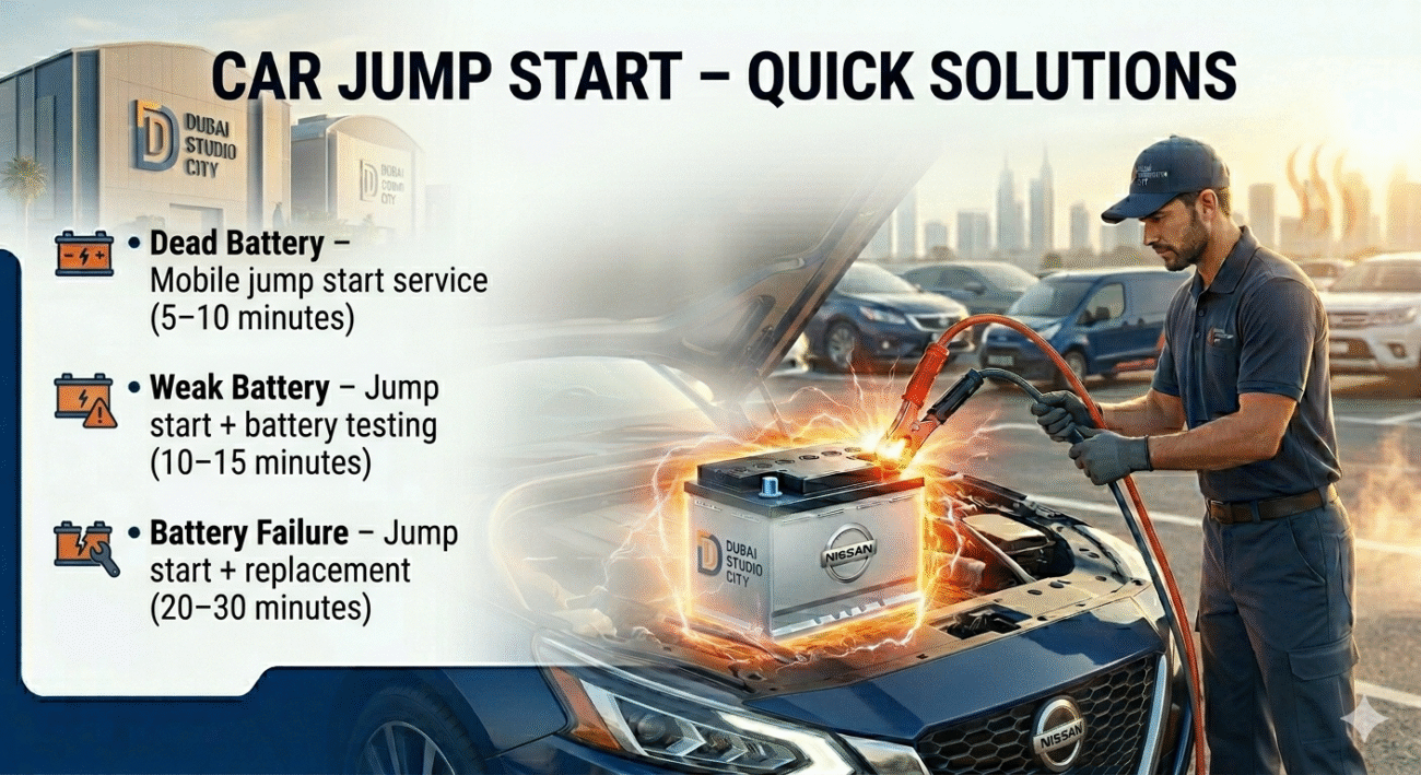 "Quick solutions for car jump start in Dubai Studio City showing a glowing battery being jump-started, roadside technician assisting, with dead, weak, and failed battery solutions listed on sides."