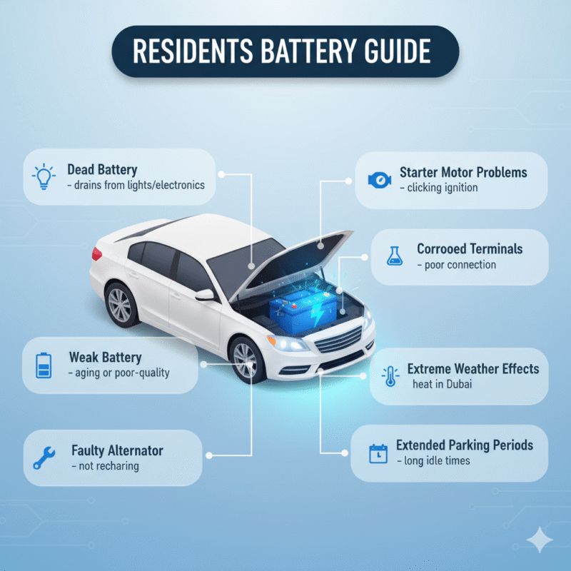 "User guide feature image with title on top, key battery issues displayed as bullet points on the sides, and an animated car illustration in the center, designed in a modern infographic style."