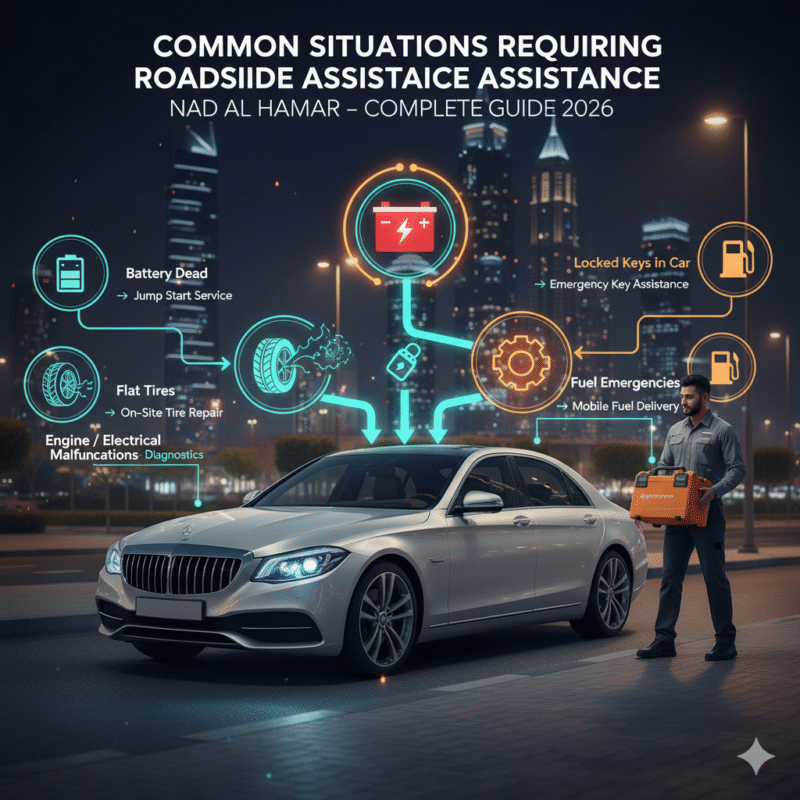 Luxury car in Nad Al Hamar with roadside technician handling battery, tire, engine, keys, and fuel emergencies for professional roadside assistance.