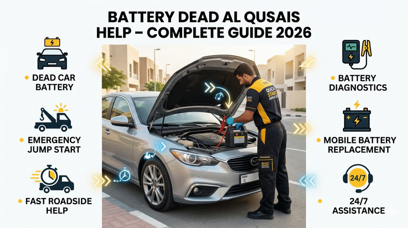 Battery dead Al Qusais help guide showing technician jump starting a car battery with roadside assistance infographic points.