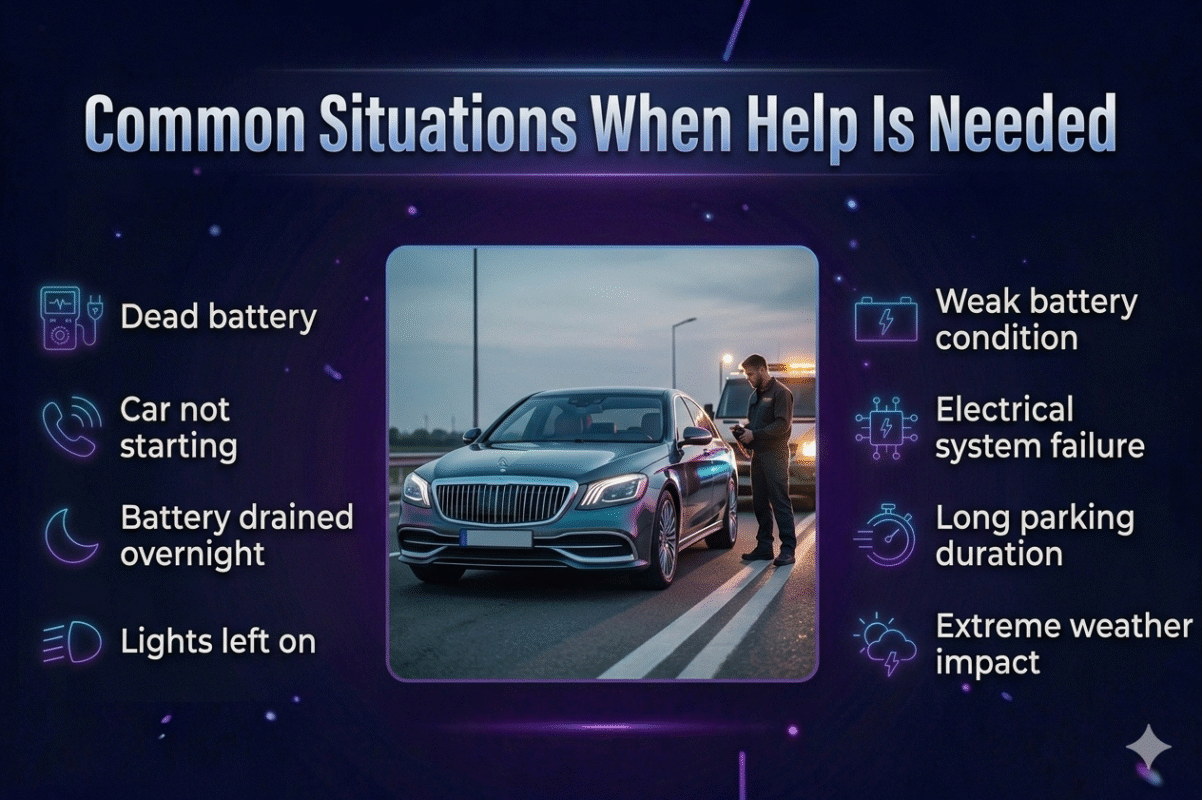 Infographic showing common situations when car battery help is needed including dead battery, car not starting, and long parking with a central car image and bullet points on both sides.