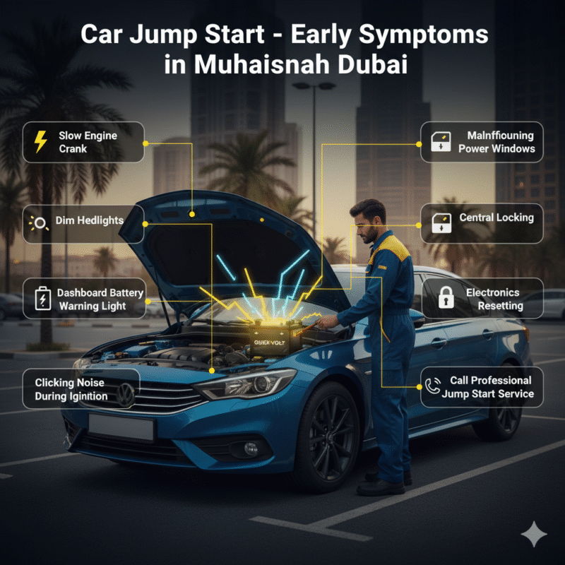 Infographic showing early warning signs of car battery failure in Muhaisnah Dubai, with a technician inspecting a glowing battery and side points highlighting symptoms requiring a jump start.