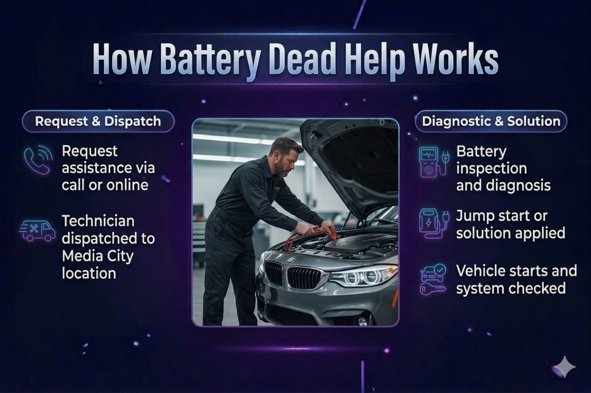 Infographic showing step-by-step battery dead help process including service request, technician arrival, battery inspection, jump start, and system check with a central car image.