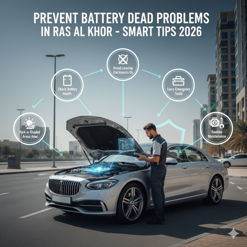 Car battery maintenance tips in Ras Al Khor showing battery health checks, avoiding electronics drain, shaded parking, emergency tools, and routine alternator inspections.