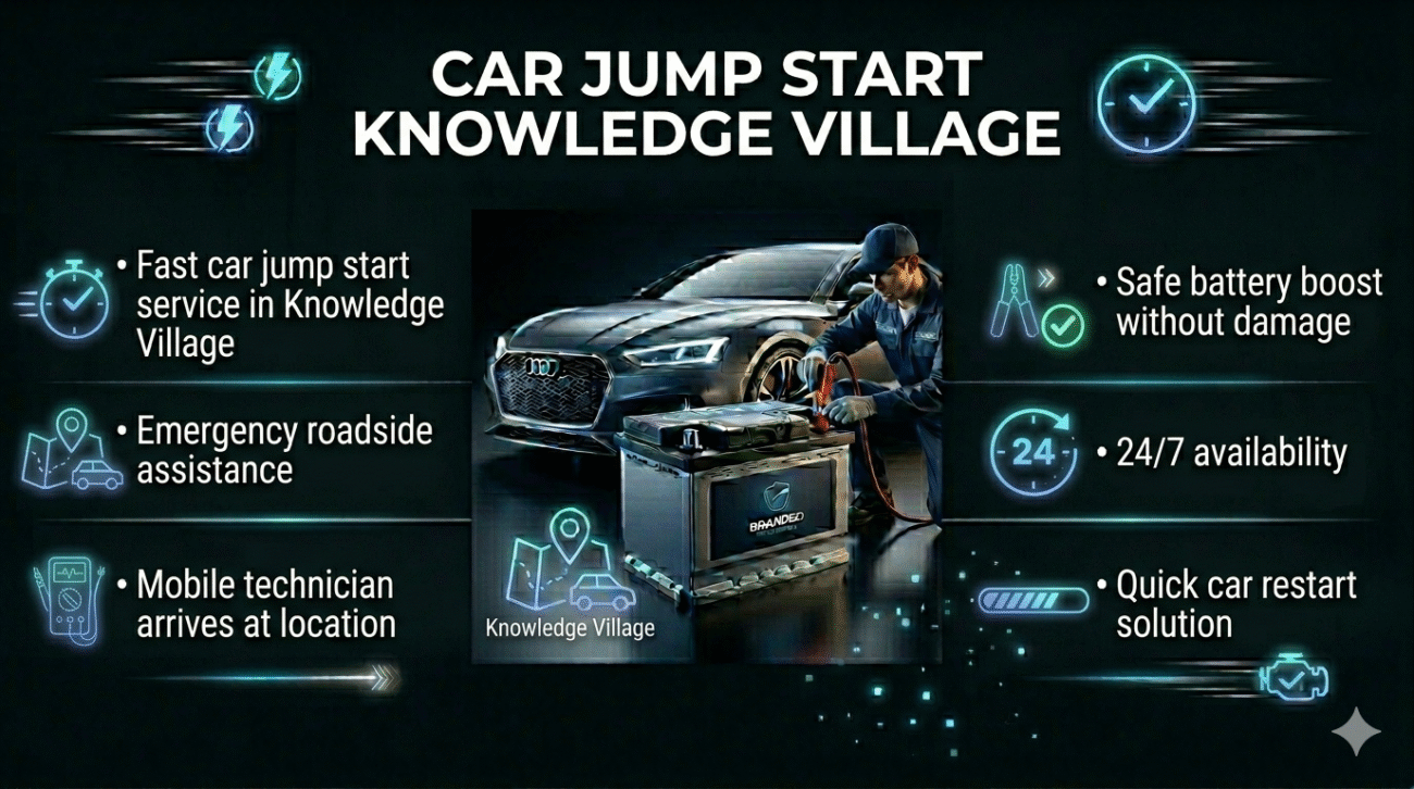 Car jump start Knowledge Village showing emergency battery service with central car image, roadside assistance, and bullet points in a clean automotive infographic layout.