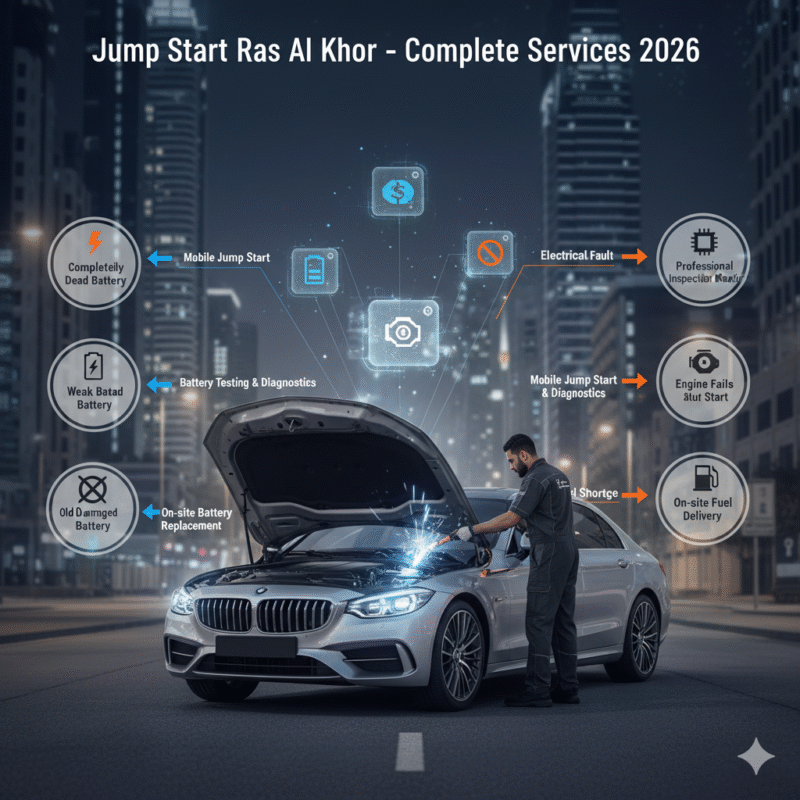 Luxury car in Ras Al Khor receiving professional jump start services with icons showing dead battery, weak battery, old battery replacement, engine failure, and electrical fault.