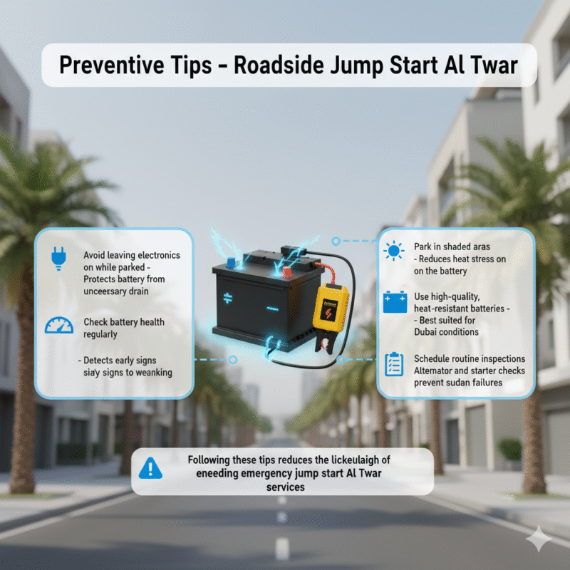 Animated infographic showing preventive tips for roadside jump start in Al Twar, Dubai, with a branded car battery and jump starter in the center, key tips displayed on left and right sides, title on top.