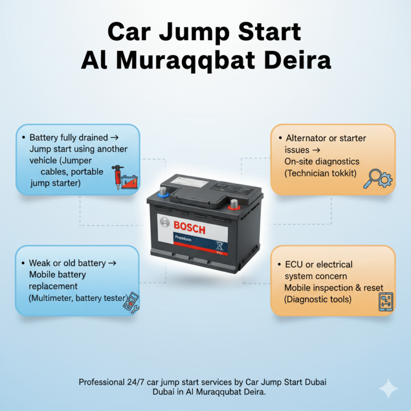 "Car Jump Start Al Muraqqabat Deira infographic showing title on top, key emergency solutions with tools on sides, and premium battery in the center with animated infographic style."