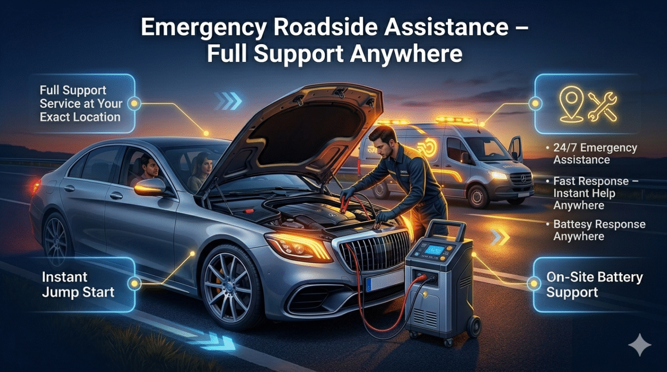 Emergency roadside assistance providing full support service at exact location for car breakdown