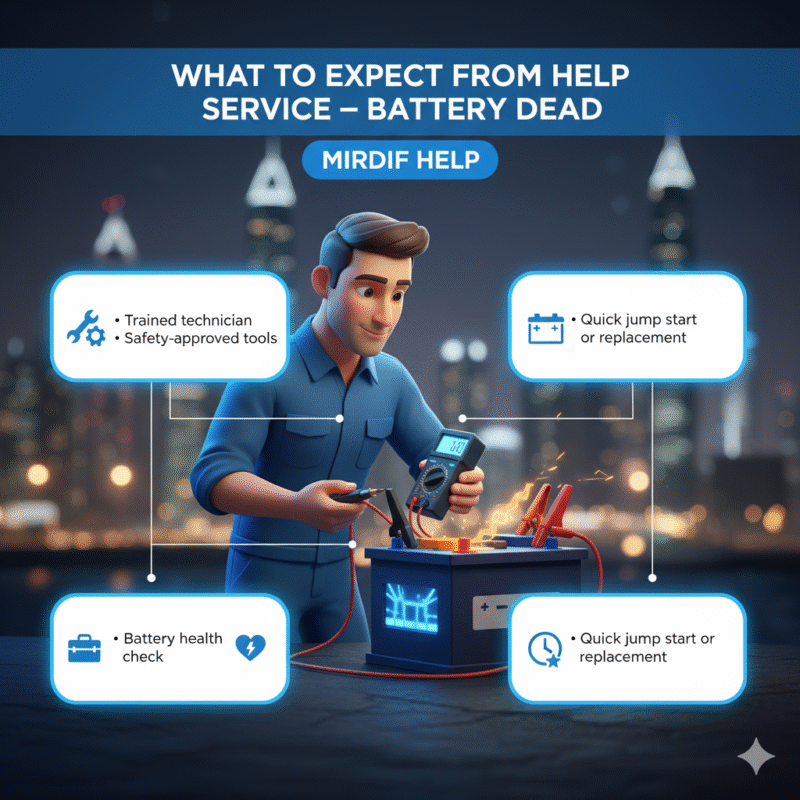 “Animated user guide image showing ‘What to Expect from Help Service – Battery Dead Mirdif Help’ with title at top, bullet points on sides, and central 3D illustration of a technician servicing a car battery.”
