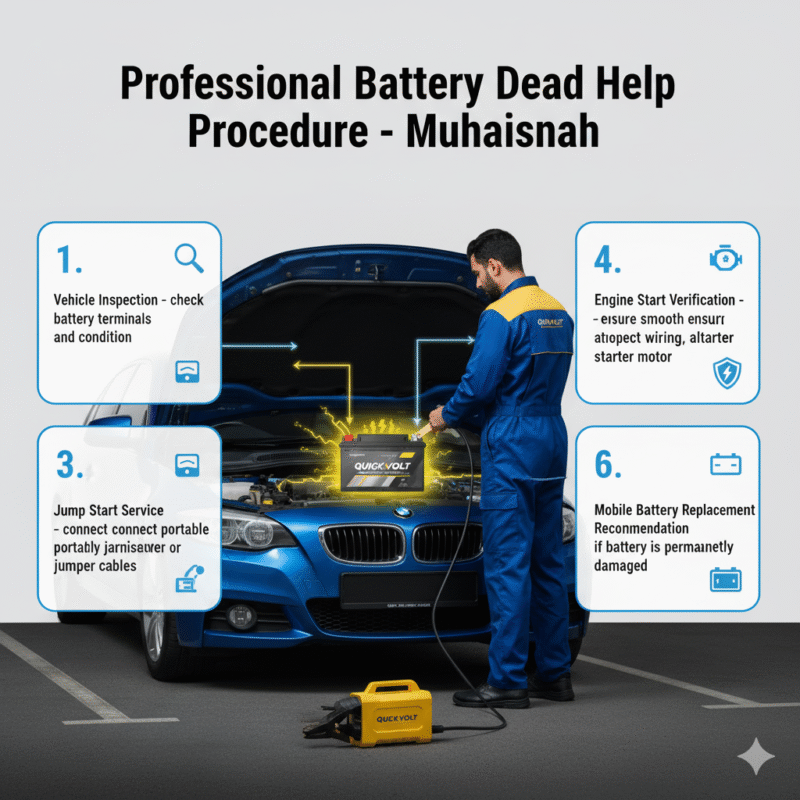 Infographic showing the professional battery dead help procedure in Muhaisnah Dubai, with a glowing battery, technician performing a jump start, and step-by-step procedure points displayed on the sides.